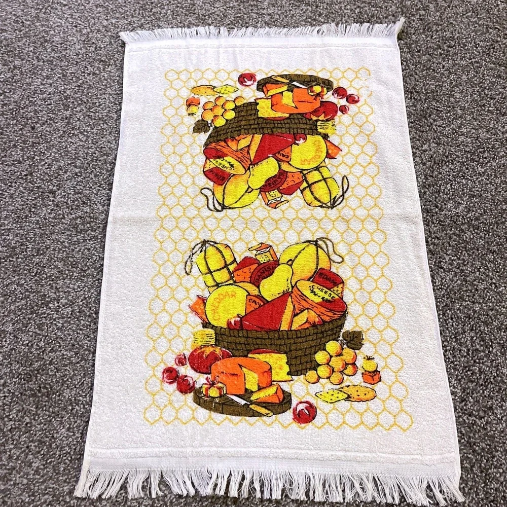 VTG CANNON Hand Kitchen Towel Fringe 70s NOS Farmhouse Cheese Charcuterie Orange